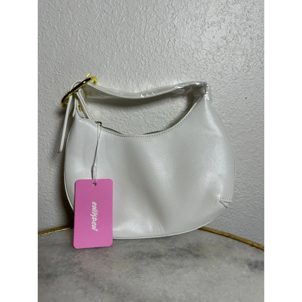 Edikted White Mini Hobo Bag Faux Leather Gold Buckle Shoulder Bag‎ Y2K Aesthetic